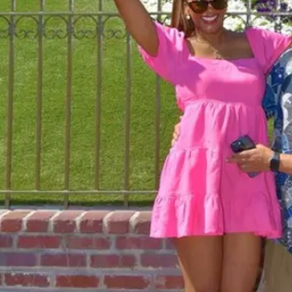 Louna Pink Peasant Babydoll Mini Dress XL Fit n Flare Linen Puff Sleeve $150 - Picture 4 of 13